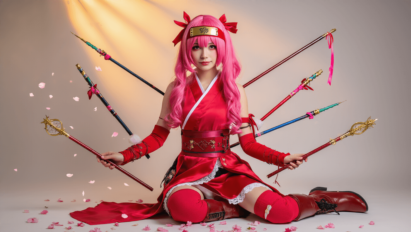 A vibrant sakura cosplay display with a pink wig, red ninja outfit, colorful magical wands, and accessories, arranged on a clean white background with soft golden hour lighting and cherry blossom petals.