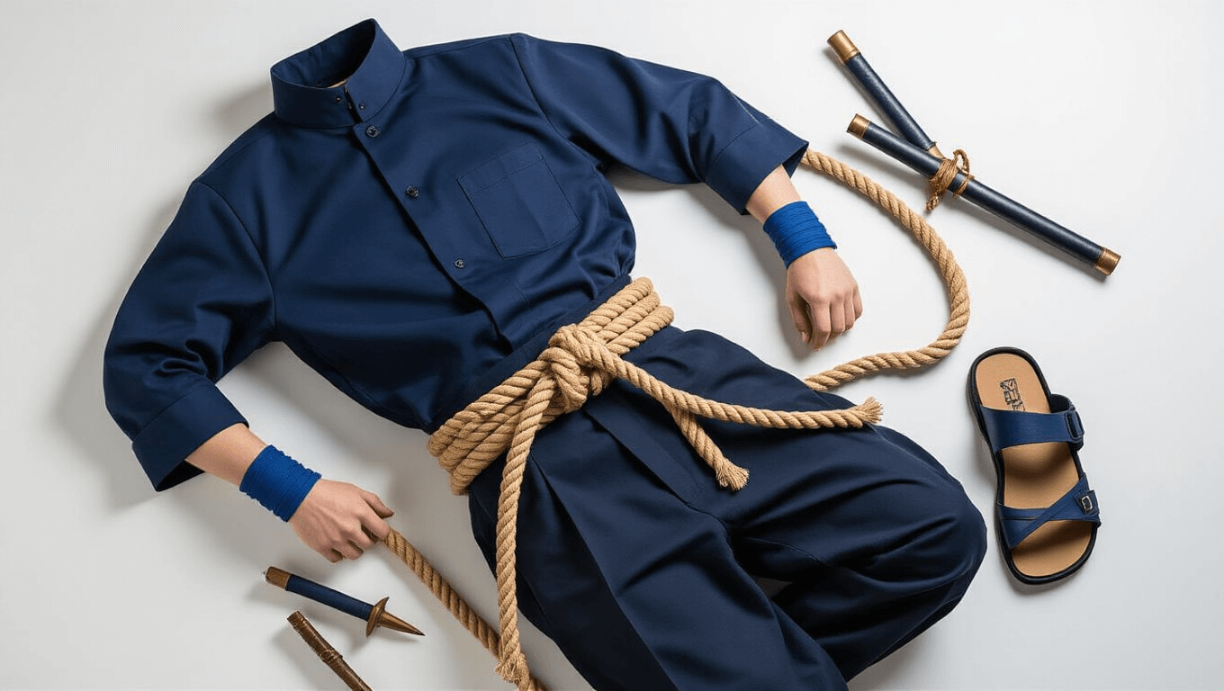 A navy blue high-collar shirt paired with dark fitted pants and a rope belt, complemented by blue wristbands and ninja sandals, with kunai props and Uchiha clan accessories staged on a clean white background under warm golden hour lighting.