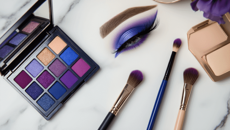 Overhead view of Scaramouche cosplay makeup essentials on a white marble surface, featuring a blue-purple eyeshadow palette, false eyelashes, eyeliner pen, foundation, eyebrow pencil, lip tint, and brushes, bathed in warm golden hour lighting.