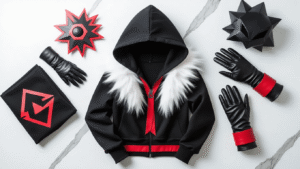 A black cropped hoodie with a white faux fur collar, red ankle bands, half-finger gloves, and a geometric Shadow emblem, displayed on a white marble surface with soft lighting, showcasing fabric textures and cosplay crafting elements.