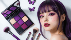 Flatlay of Shinobu Kocho cosplay makeup essentials on white marble, featuring a purple shimmer eyeshadow palette, false lashes, pale foundation, berry pink lipstick, black eyeliner, purple-handled brushes, butterfly decals, and cotton pads, arranged in a minimalist style with soft natural lighting.