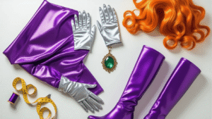 A warm flat lay of Starfire cosplay materials on a clean white surface, featuring metallic purple fabric, elegant silver gloves, a vibrant orange wig, an emerald green gem pendant, knee-high purple boots, and scattered sewing supplies, all illuminated by soft golden hour lighting.