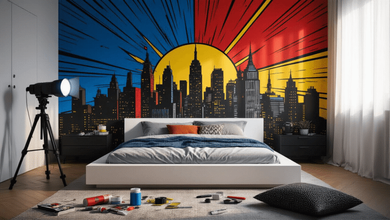 Cinematic wide-angle shot of a modern bedroom with a vibrant comic book superhero mural in primary colors, a white platform bed, scattered art supplies, and warm natural light streaming through sheer curtains, creating a cozy yet energetic atmosphere.