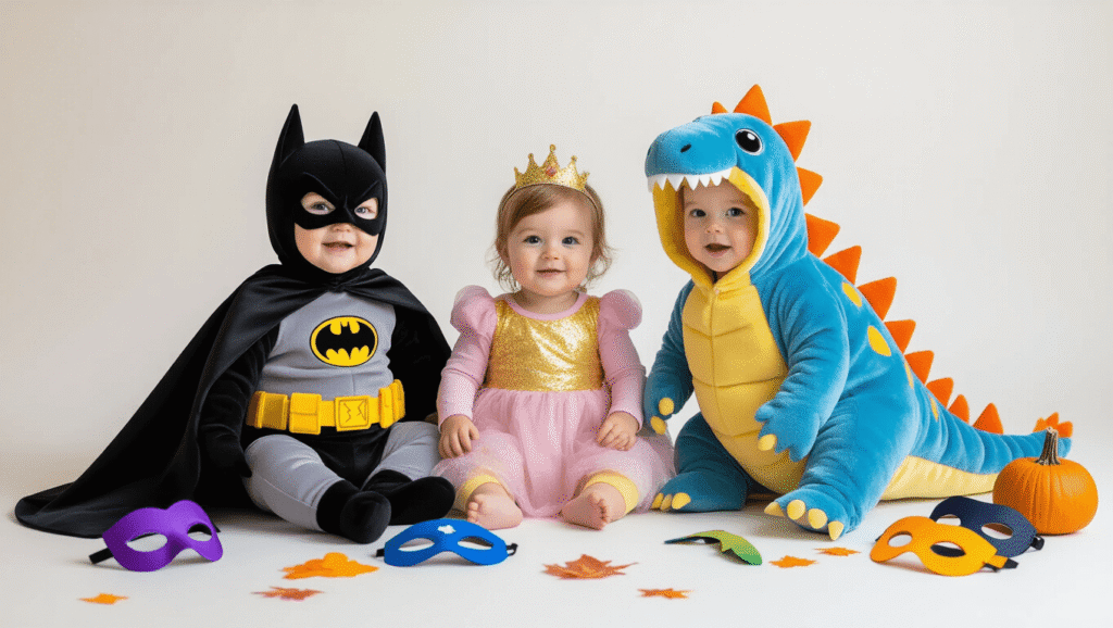 A cozy studio scene displaying toddler Halloween costumes including a plush Batman cape, dinosaur onesie, sparkly princess dress, and Bluey costume on a clean white backdrop, with warm golden hour lighting and colorful accessories scattered around.