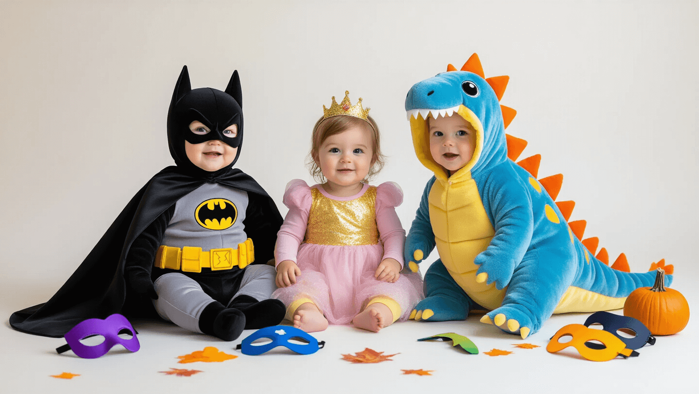 A cozy studio scene displaying toddler Halloween costumes including a plush Batman cape, dinosaur onesie, sparkly princess dress, and Bluey costume on a clean white backdrop, with warm golden hour lighting and colorful accessories scattered around.