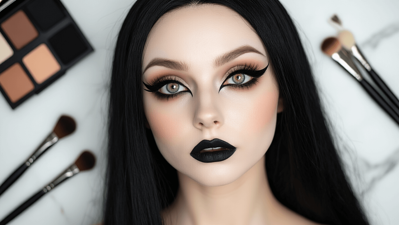 Tomie cosplay makeup transformation featuring pale foundation, winged eyeliner, false lashes, and beauty mark, set on white marble with makeup tools, illuminated by soft studio lighting.