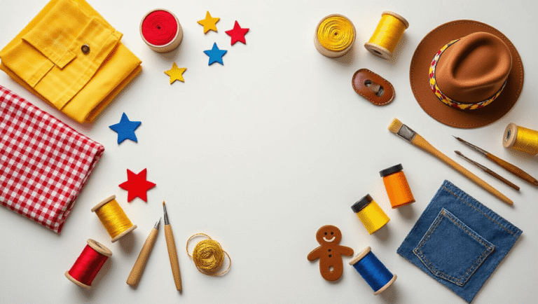 Flat lay of vibrant Toy Story costume crafting supplies on a clean white background, featuring gingham fabric, leather accessories, colorful felt, acrylic paint, wooden tools, golden thread spools, and denim patches, all illuminated by soft natural lighting.