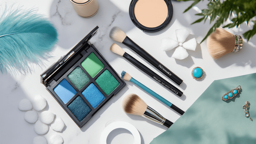 Flat lay of Venti cosplay makeup essentials on a white marble surface, featuring blue-green eyeshadow palette, black eyeliner, soft brushes, blue circle lenses, foundation, setting spray, feather accessories, and turquoise jewelry, arranged with soft natural lighting and gentle shadows.