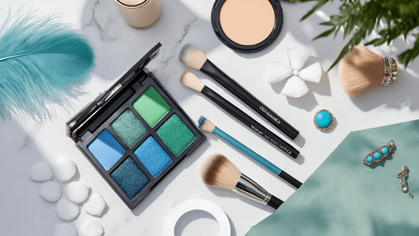 Flat lay of Venti cosplay makeup essentials on a white marble surface, featuring blue-green eyeshadow palette, black eyeliner, soft brushes, blue circle lenses, foundation, setting spray, feather accessories, and turquoise jewelry, arranged with soft natural lighting and gentle shadows.
