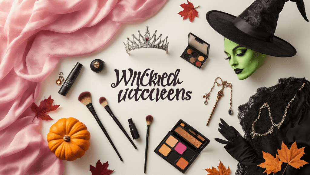 A creative Halloween costume styling scene featuring Wicked-inspired elements, including pink fabrics, black gothic dress materials, and witch accessories, arranged on a clean white background with soft golden lighting, small pumpkins, and autumn leaves.