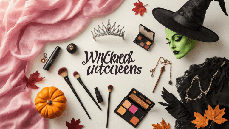 A creative Halloween costume styling scene featuring Wicked-inspired elements, including pink fabrics, black gothic dress materials, and witch accessories, arranged on a clean white background with soft golden lighting, small pumpkins, and autumn leaves.