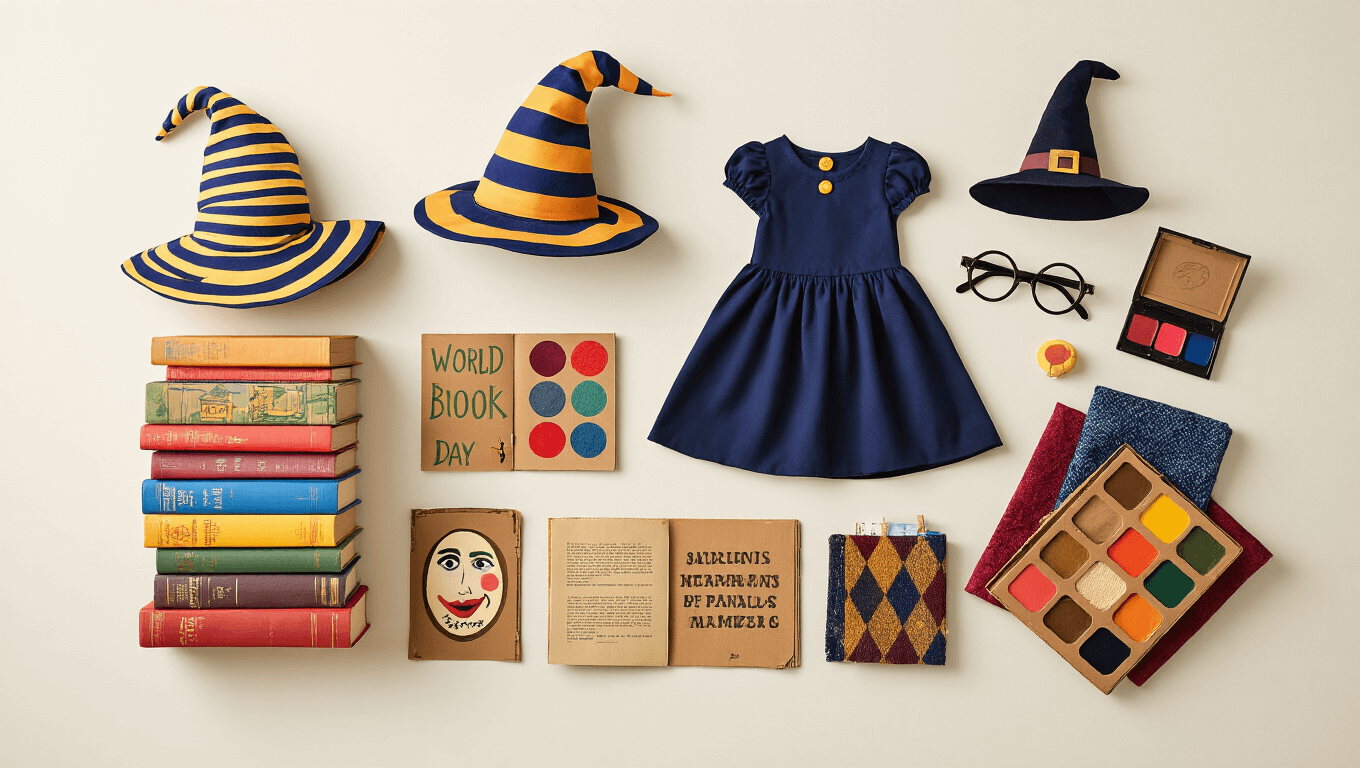 Warm, inviting flat lay of World Book Day costume elements including colorful children's books, a striped hat, navy dress, witch's cape, face paint palette with brushes, rich fabric swatches, DIY cardboard props, vintage reading glasses, and whimsical character accessories on a clean white background.