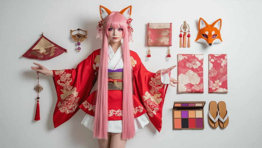 Elegant flatlay of a shrine maiden cosplay showcasing red and white ceremonial robes, a long pink wig, fox-ear hair clips, and traditional jewelry, arranged artistically on a white background with warm lighting highlighting intricate details.