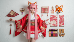 Elegant flatlay of a shrine maiden cosplay showcasing red and white ceremonial robes, a long pink wig, fox-ear hair clips, and traditional jewelry, arranged artistically on a white background with warm lighting highlighting intricate details.