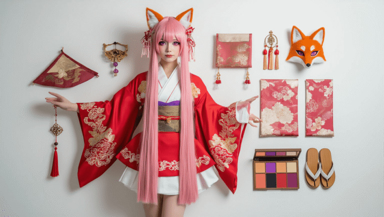 Elegant flatlay of a shrine maiden cosplay showcasing red and white ceremonial robes, a long pink wig, fox-ear hair clips, and traditional jewelry, arranged artistically on a white background with warm lighting highlighting intricate details.