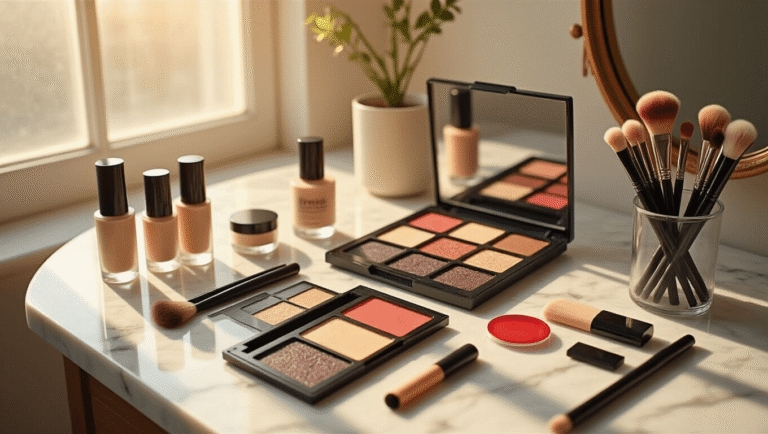 A stylish minimalist marble vanity displaying an organized array of cosplay makeup supplies, including foundation bottles, eyeshadow palettes, false lashes, and red contact lenses, illuminated by warm golden hour sunlight.
