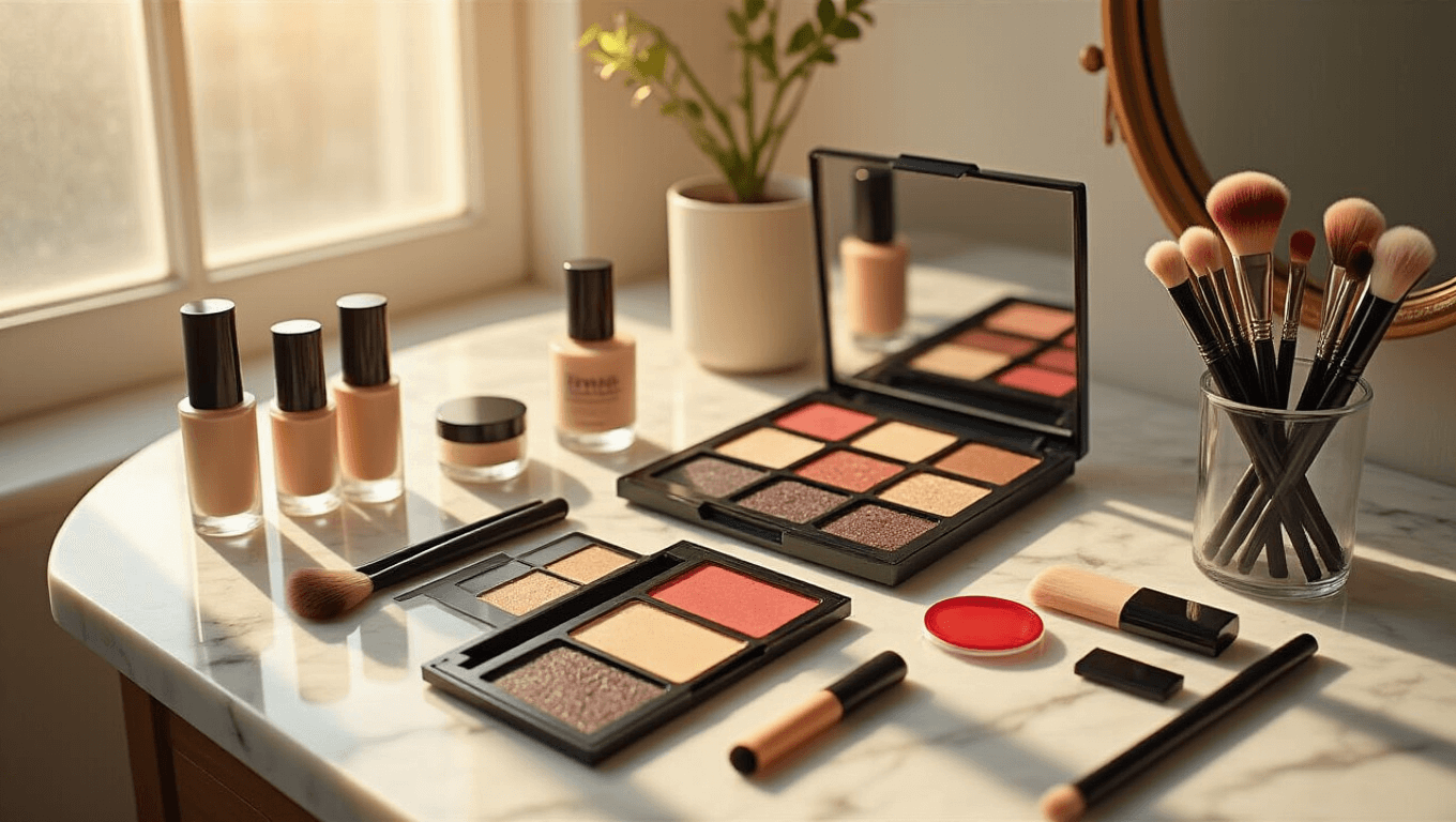 A stylish minimalist marble vanity displaying an organized array of cosplay makeup supplies, including foundation bottles, eyeshadow palettes, false lashes, and red contact lenses, illuminated by warm golden hour sunlight.