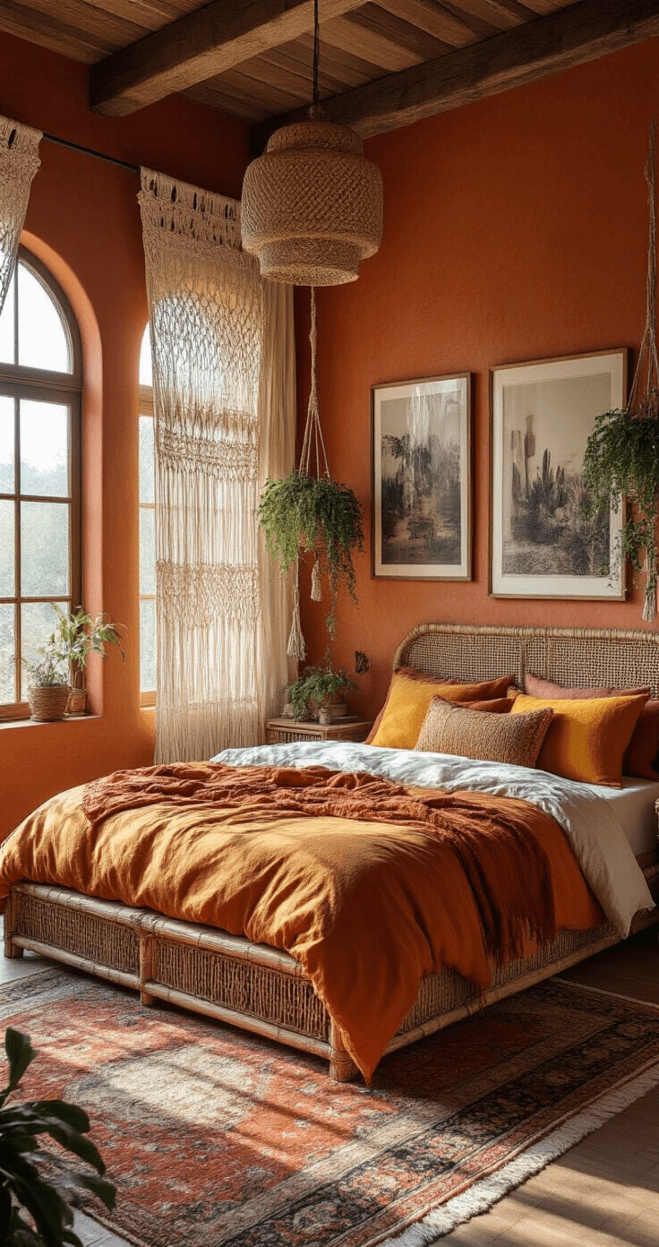 A medium shot of a Bohemian master bedroom featuring a terracotta accent wall, warm morning light filtering through macrame curtains, a platform bed with layered textiles in burnt orange, deep red, and mustard yellow, large vintage photography prints in mismatched wooden frames above the bed, rattan furniture, hanging plants, and Persian rugs on hardwood flooring, creating an earthy and rich atmosphere.