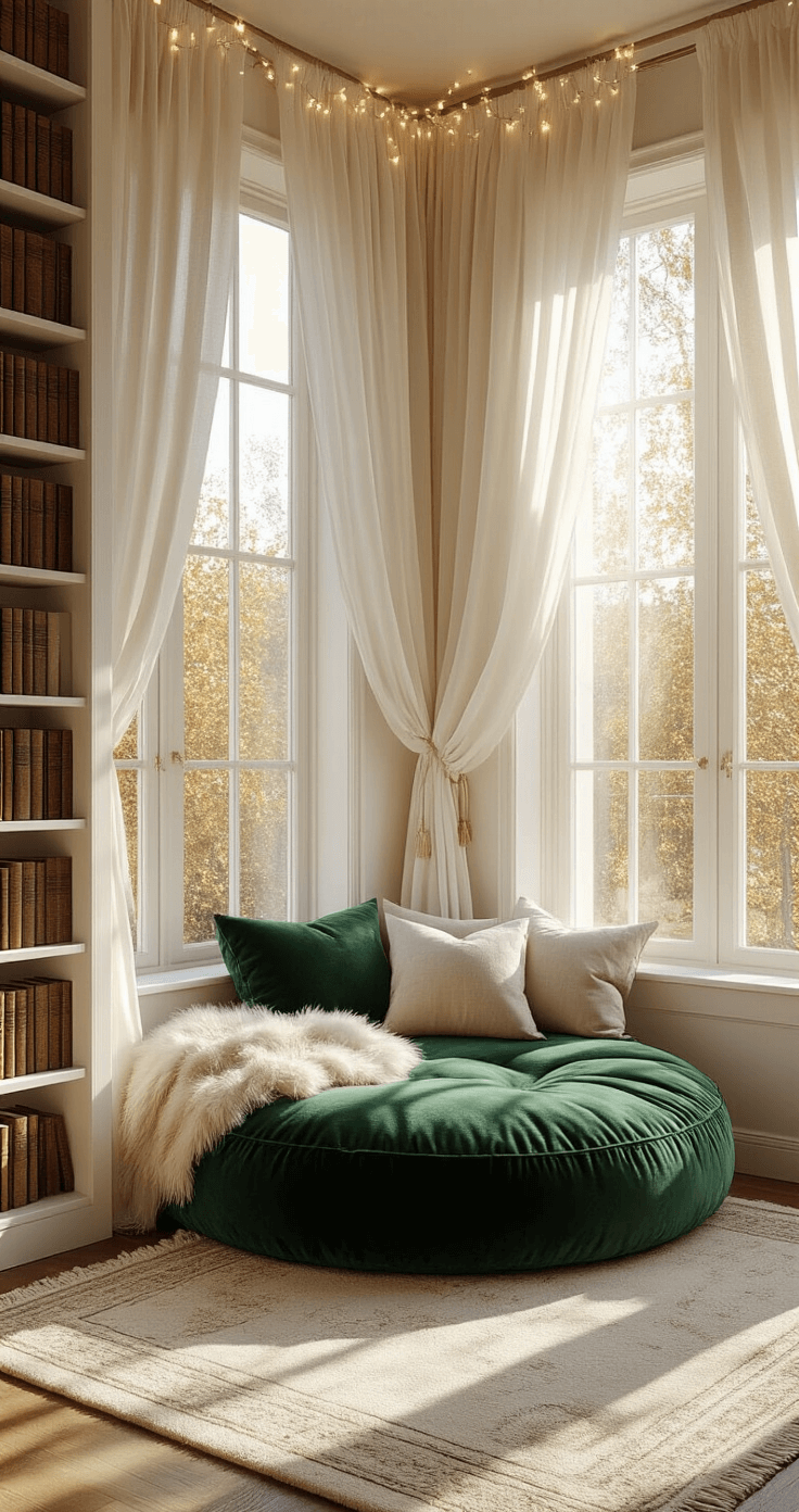 Creating Your Magical Reading Nook: A Dreamy Escape for Book Lovers A cozy reading nook illuminated by golden afternoon light, featuring an oversized emerald green floor cushion on a cream Persian rug, surrounded by layered textures of faux fur throws and linen pillows. Tall windows with sheer ivory curtains create a canopy effect, while a built-in white bookshelf holds vintage hardcovers, and fairy lights twinkle overhead.