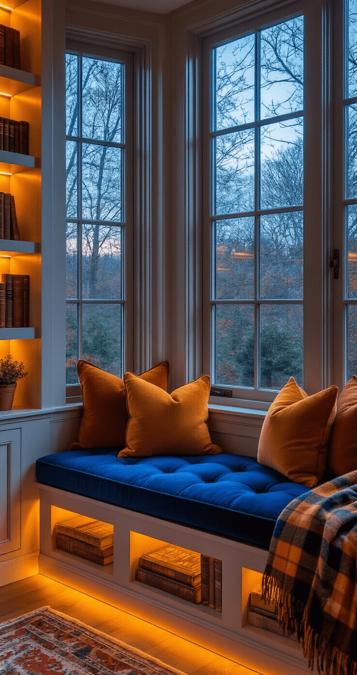 Creating Your Magical Reading Nook: A Dreamy Escape for Book Lovers A cozy window seat reading nook at dusk, featuring a navy velvet bench cushion with brass nail head trim, large casement windows, warm LED lighting, burnt orange and mustard throw pillows, wooden shelving with leather-bound books and potted plants, and a casually draped plaid wool blanket, creating an intimate and charming autumn atmosphere.