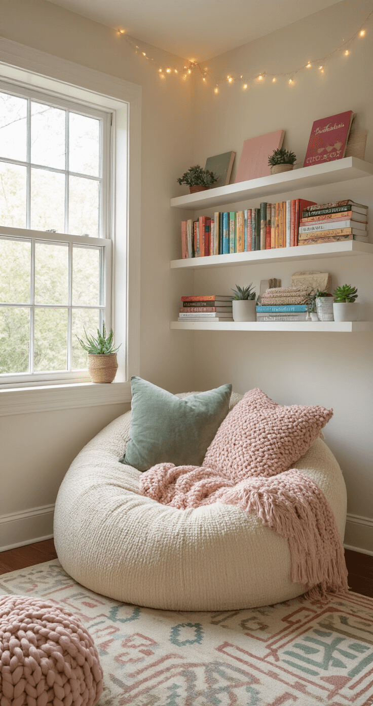 Creating Your Magical Reading Nook: A Dreamy Escape for Book Lovers Eye-level view of a cozy under-stair reading nook with a large cream bean bag chair on a geometric patterned area rug in muted pastels, illuminated by soft morning light. White floating shelves hold colorful paperbacks and small succulents, while a macrame wall hanging adds texture. The nook features layered textiles, including chunky knit throws in blush pink and sage green, and dusty rose velvet cushions, all enhanced by dreamy string lights for a peaceful reading atmosphere.