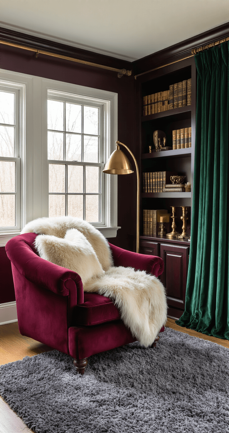 Creating Your Magical Reading Nook: A Dreamy Escape for Book Lovers A cozy reading nook featuring a deep burgundy velvet armchair on a plush charcoal rug, illuminated by a brass arc floor lamp. Cream and gray faux fur throws add texture, while dark wood shelves display gilt-edged books and brass candlesticks. Emerald velvet curtains frame the window, with afternoon light casting dramatic shadows, creating an opulent, library-like atmosphere.