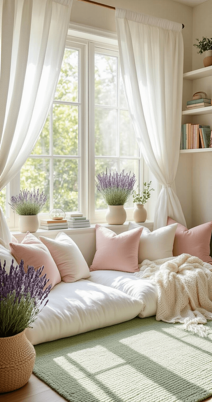 Creating Your Magical Reading Nook: A Dreamy Escape for Book Lovers High-angle shot of a spring-themed reading nook with pastel colors, featuring white linen cushions on a sage green rug, large windows, potted lavender and eucalyptus, airy sheer curtains, cozy textures like cable knit throws and velvet pillows, and floating shelves with colorful books and terrariums, all bathed in bright morning sunlight.