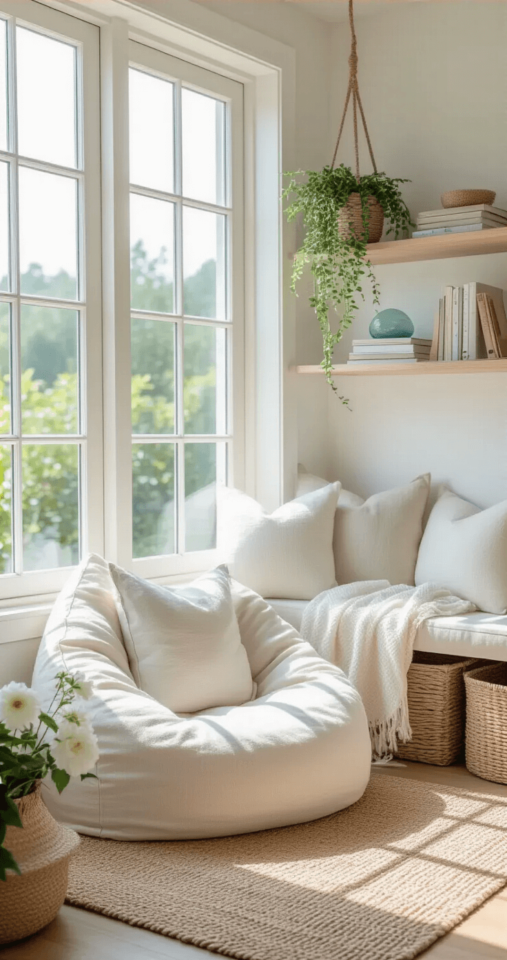 Creating Your Magical Reading Nook: A Dreamy Escape for Book Lovers Interior shot of a bright and airy summer reading nook featuring a cream natural linen bean bag on a woven jute rug, large windows with minimal treatments, light wood floating shelves with books and sea glass, and botanical touches including hanging plants and fresh white flowers, all in a cooling color palette of whites, creams, and soft blues.