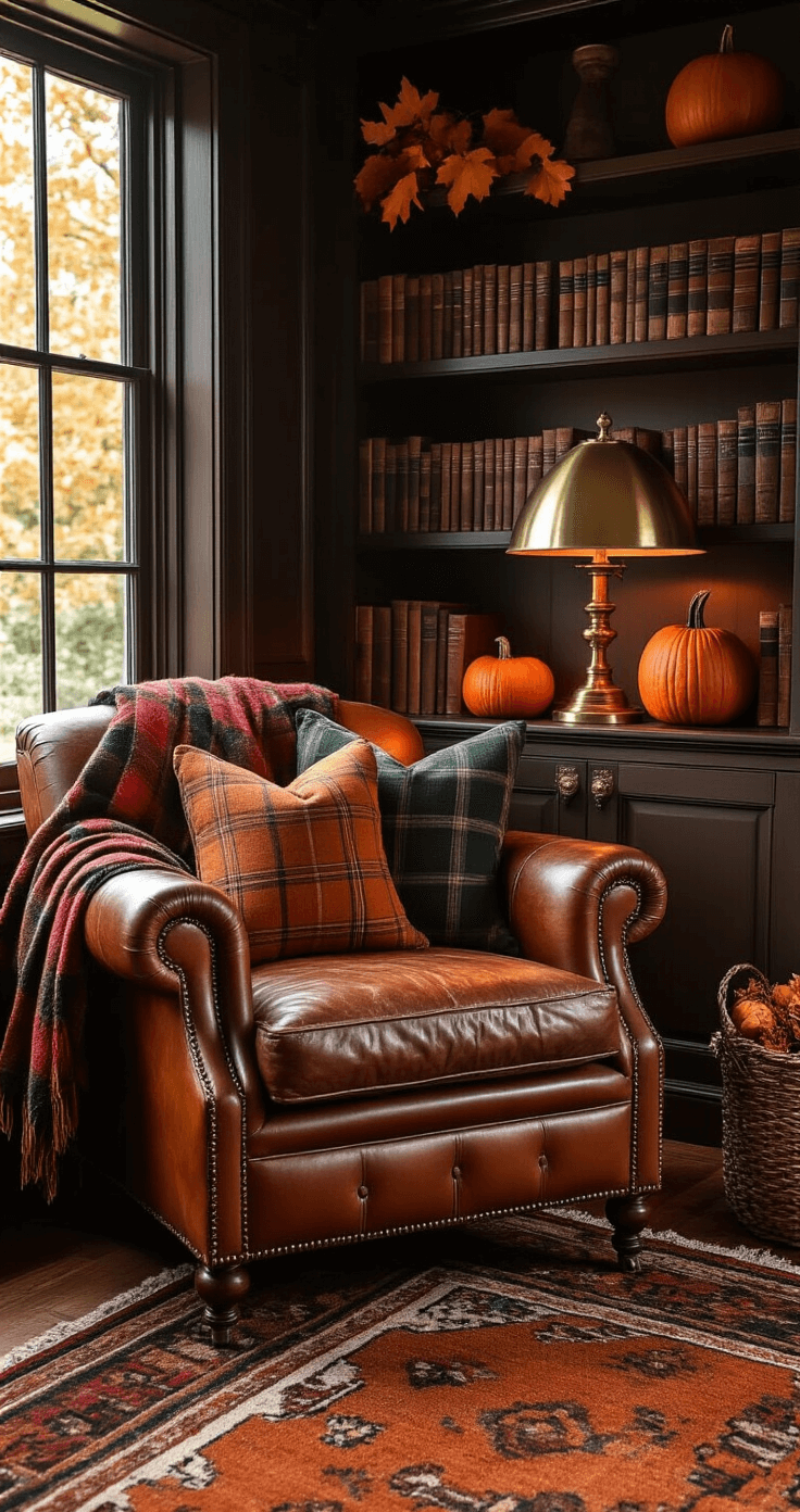 Creating Your Magical Reading Nook: A Dreamy Escape for Book Lovers Intimate autumn reading corner with a cognac leather chair on a vintage kilim rug, warm brass lamp casting golden light, layered textiles, dark wood bookshelf with classic literature, and seasonal decor of dried leaves and pumpkins.