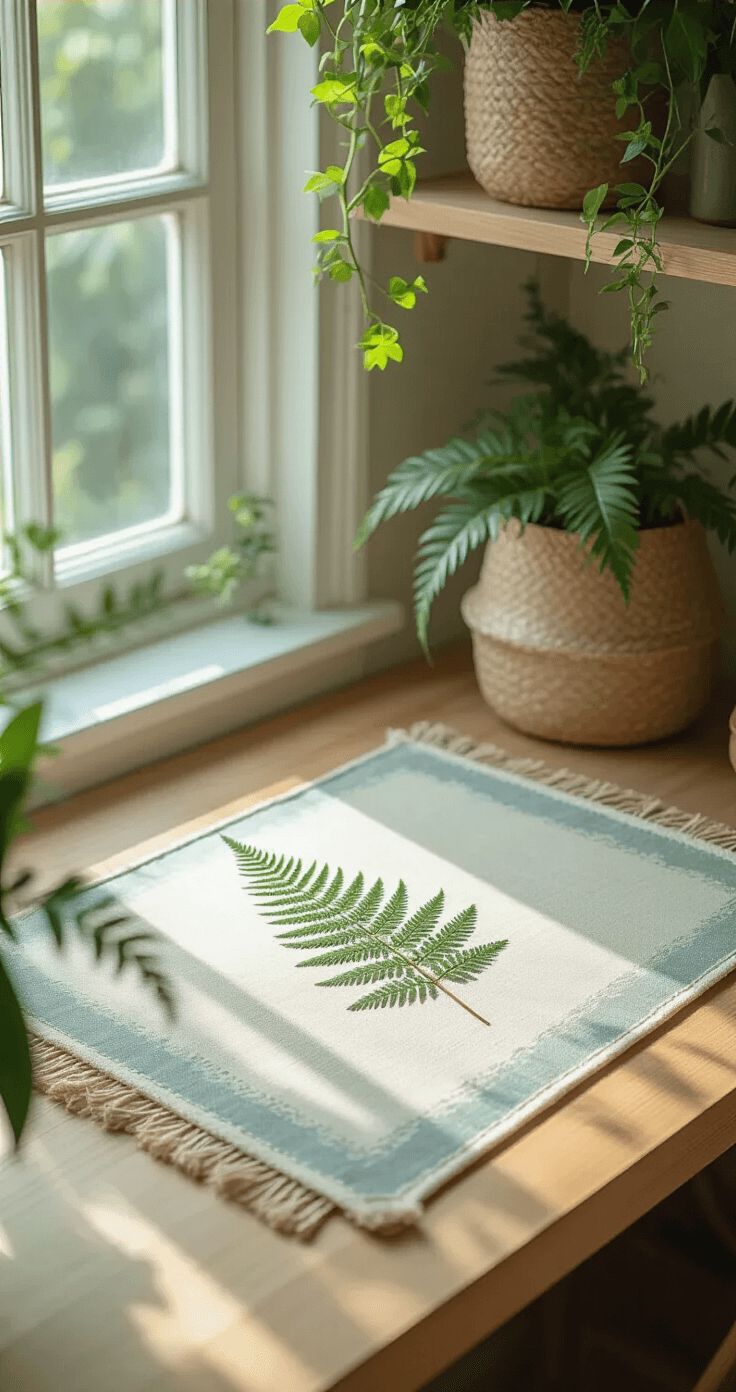 A botanical-inspired desk setup with a cream linen desk mat featuring a subtle blue-grey texture and a pressed fern, surrounded by cascading plant shelves and sunlight, showcasing intricate mat details and an organic color scheme of cream, sage green, and muted blue-grey.