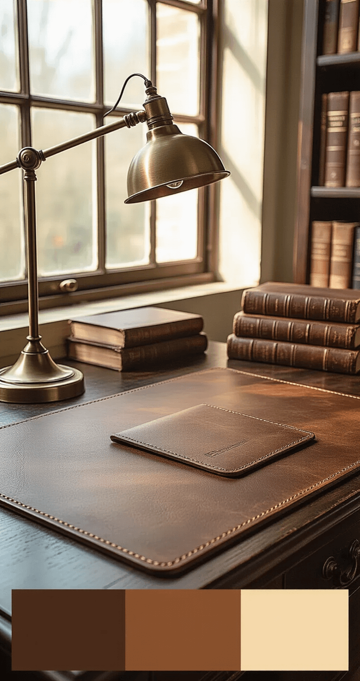 An elegant vintage-inspired workspace featuring a rich brown leather desk mat, antique brass desk lamp, and leather-bound books, illuminated by moody afternoon light that casts dramatic shadows.