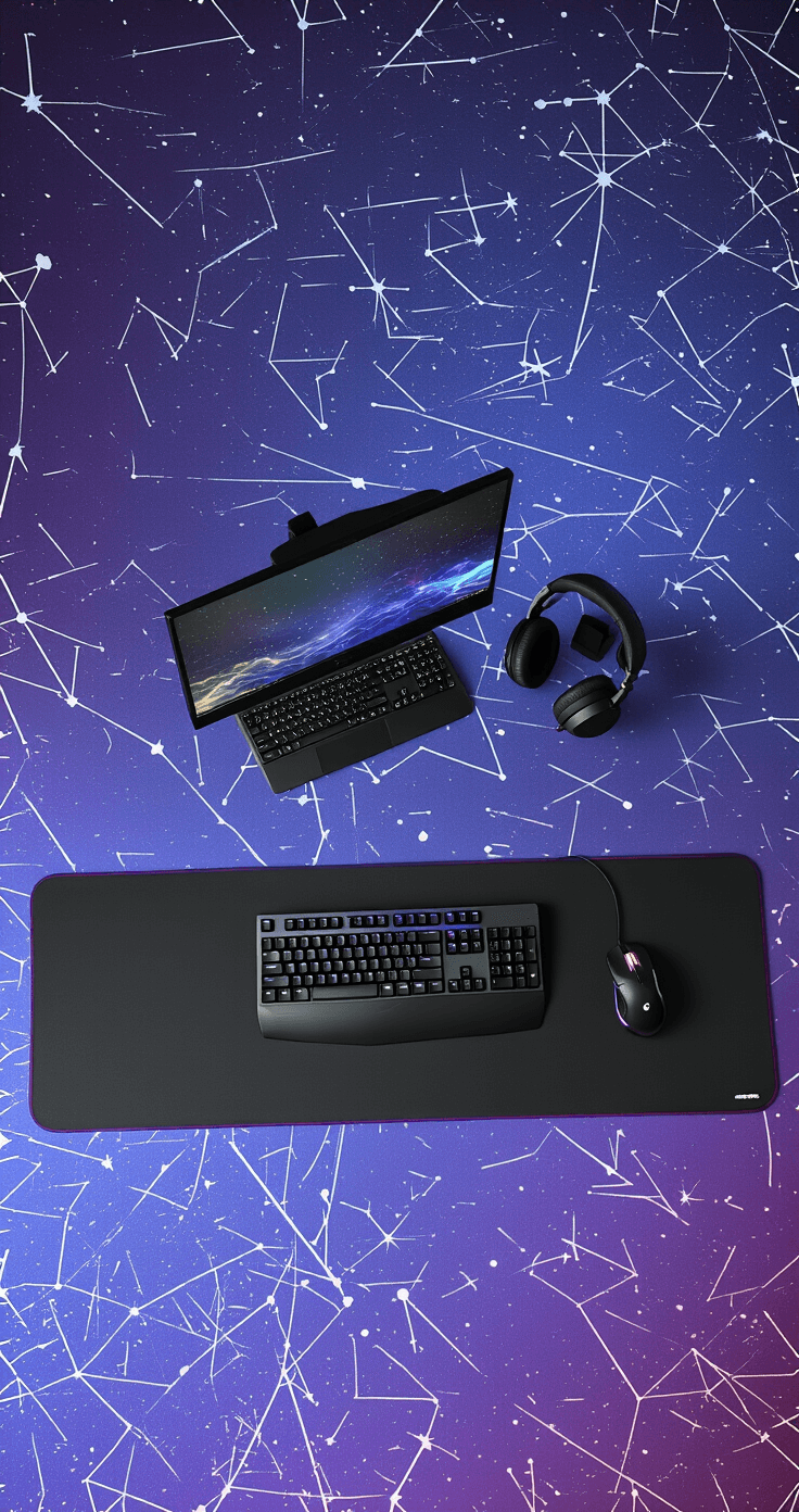 Sleek gaming desk setup featuring a cosmic-themed desk mat in deep purples and blues, black matte surface, minimalist peripherals, and ambient RGB lighting, all highlighting intricate constellation patterns and creating a moody atmosphere.