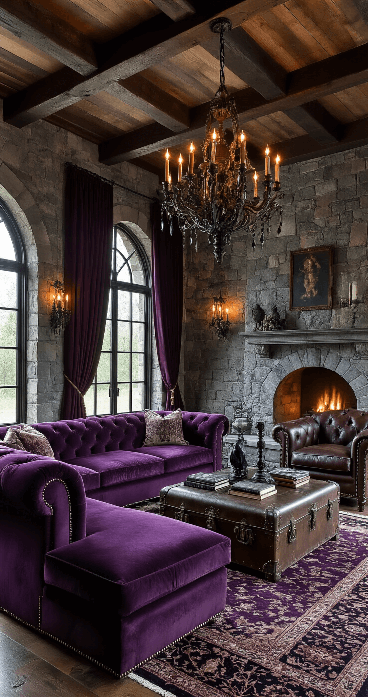 A mystical medieval-inspired living room featuring a deep purple velvet sectional sofa, aged leather armchairs, and a stone-textured accent wall. The space is illuminated by a massive wrought iron candelabra and antique brass lanterns, with thick burgundy brocade curtains framing tall arched windows. An oversized distressed leather trunk serves as a coffee table, adorned with vintage books and obsidian crystals, all set on a Persian-style area rug in deep blues and blacks under warm tungsten lighting.
