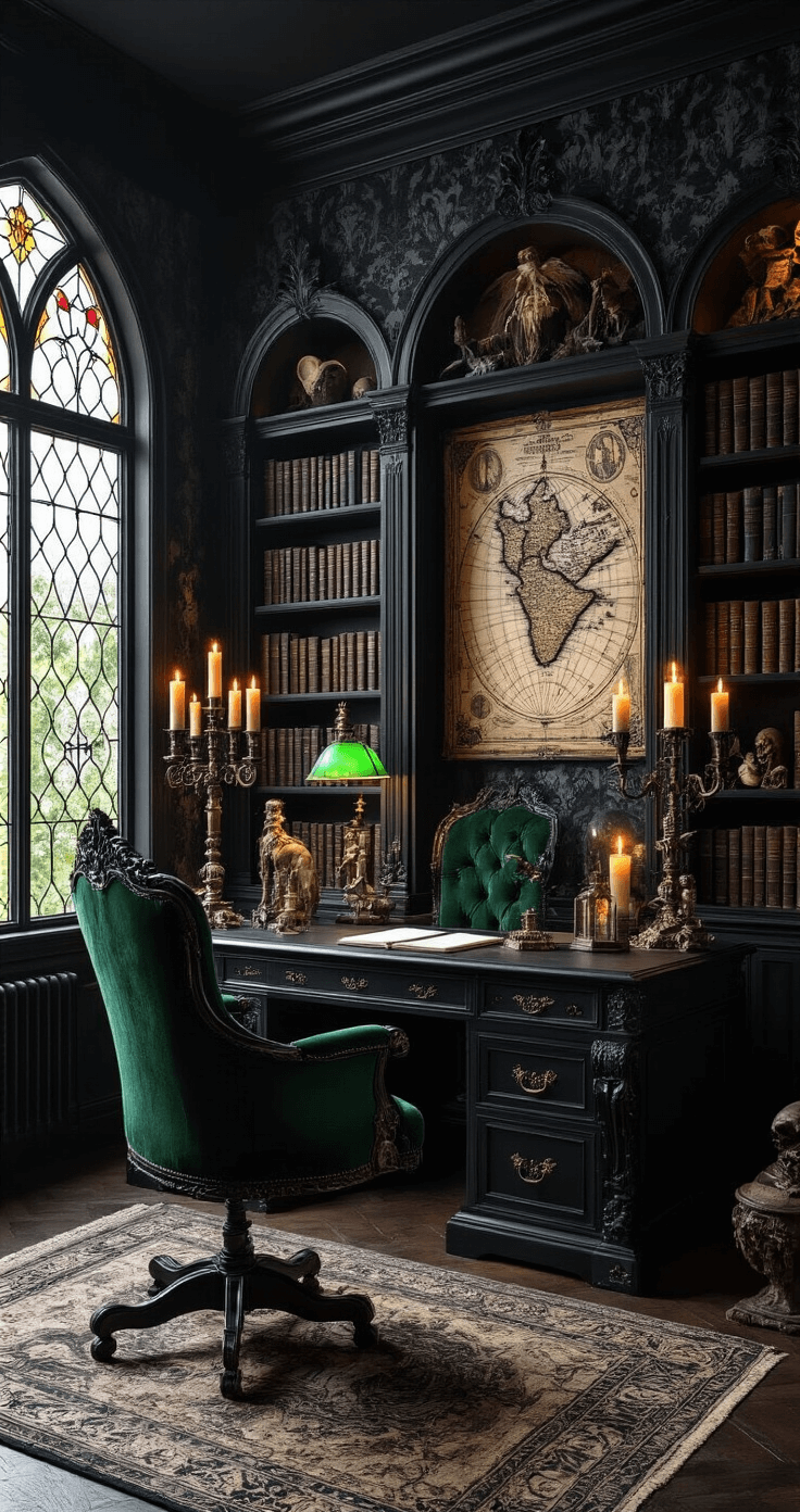A dark gothic fantasy home office featuring black built-in bookshelves lined with leather-bound books, a massive carved wooden desk, a tall stained glass window, an emerald green velvet chair, and an antique map on the wall, illuminated by candlelight and dramatic overhead lighting, creating a mysterious scholarly atmosphere.