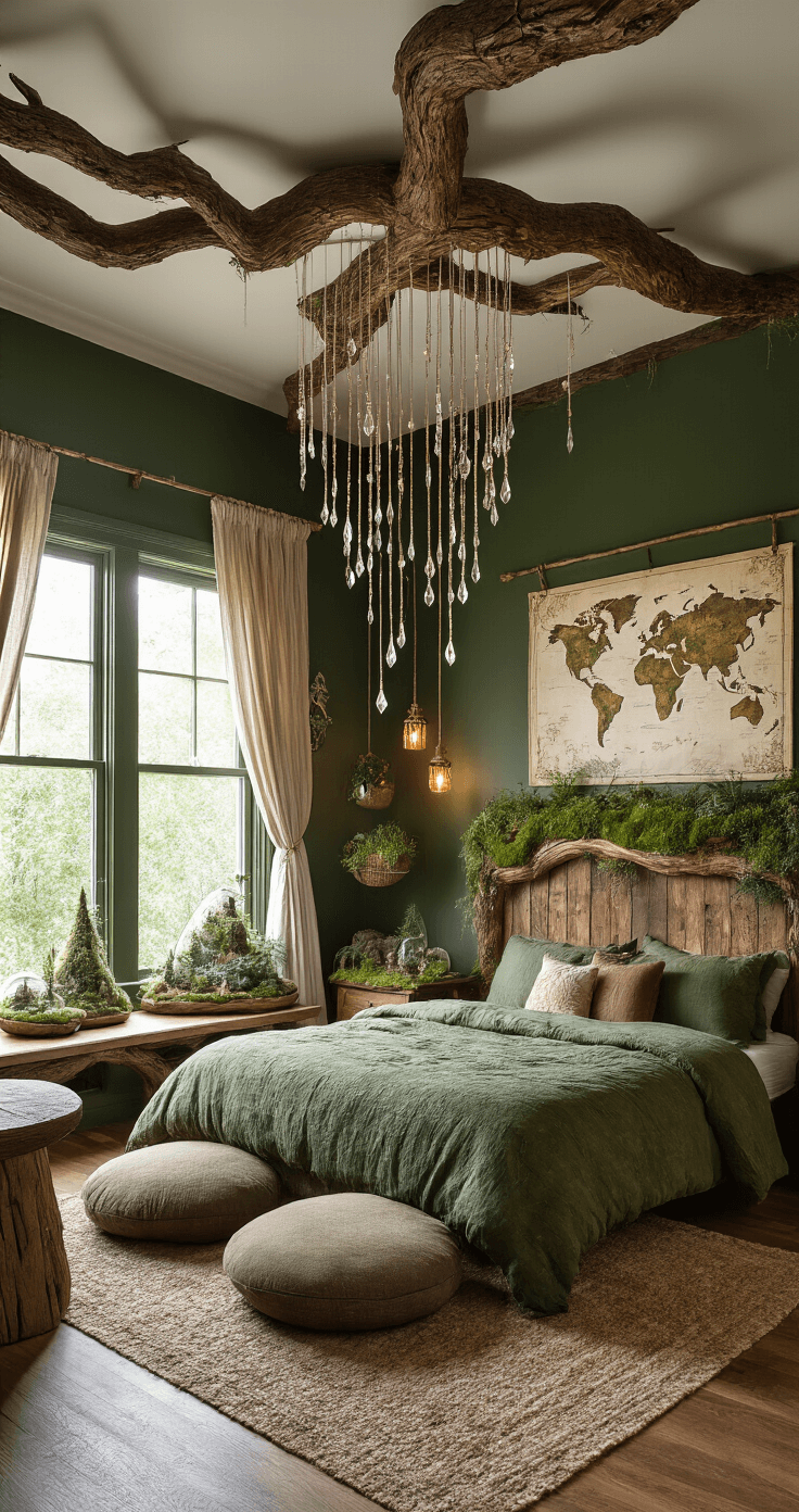 Enchanted forest-themed bedroom featuring deep green walls, a branch canopy with crystal pendants, and warm fairy lights; bed dressed in earthy linens, a reclaimed wood headboard with moss and air plants, a vintage world map, oversized floor cushions, terrariums, handcrafted branch side tables, and soft natural light.