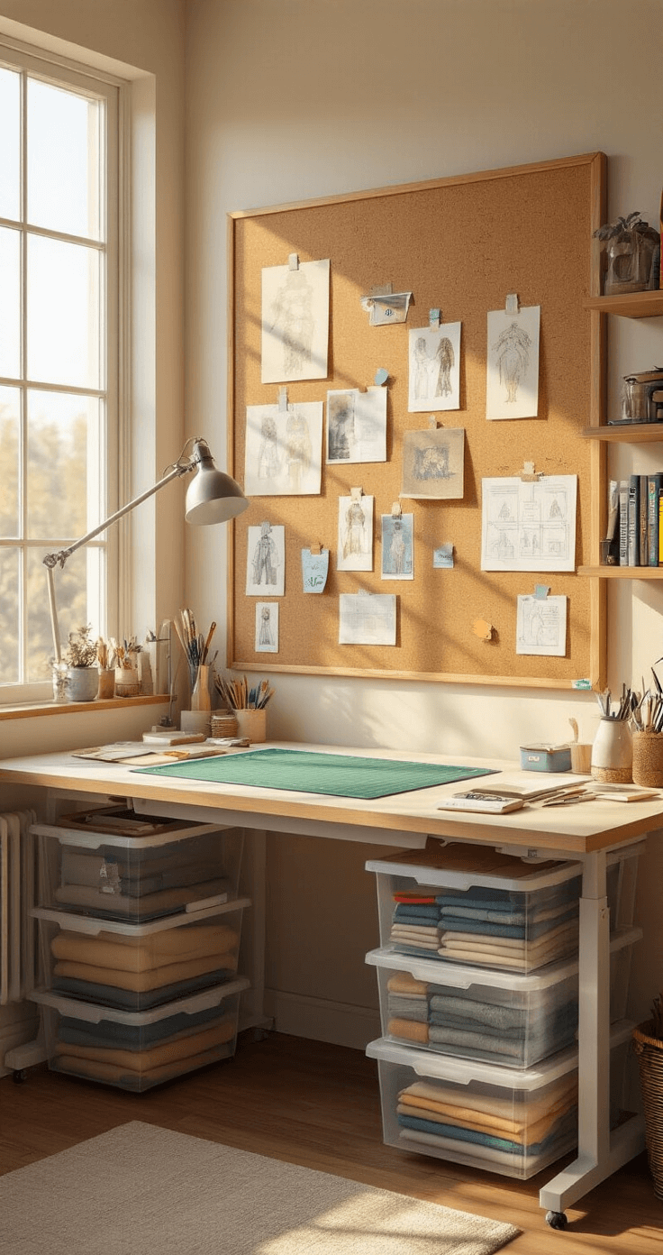 Cosplay Room Inspiration Boards: Your Complete Guide to Creative Organization A detailed cosplay crafting workspace featuring a large cork inspiration board above an adjustable height craft table, illuminated by soft morning light from a studio window. The board showcases numerous pinned reference images and fabric swatches. A professional cutting mat is prominently displayed in the foreground, accompanied by clear storage bins filled with color-coded fabrics and wall-mounted shelves housing labeled costume reference books. The scene is captured from a 45-degree overhead angle, highlighting intricate organizational details in warm neutral colors.