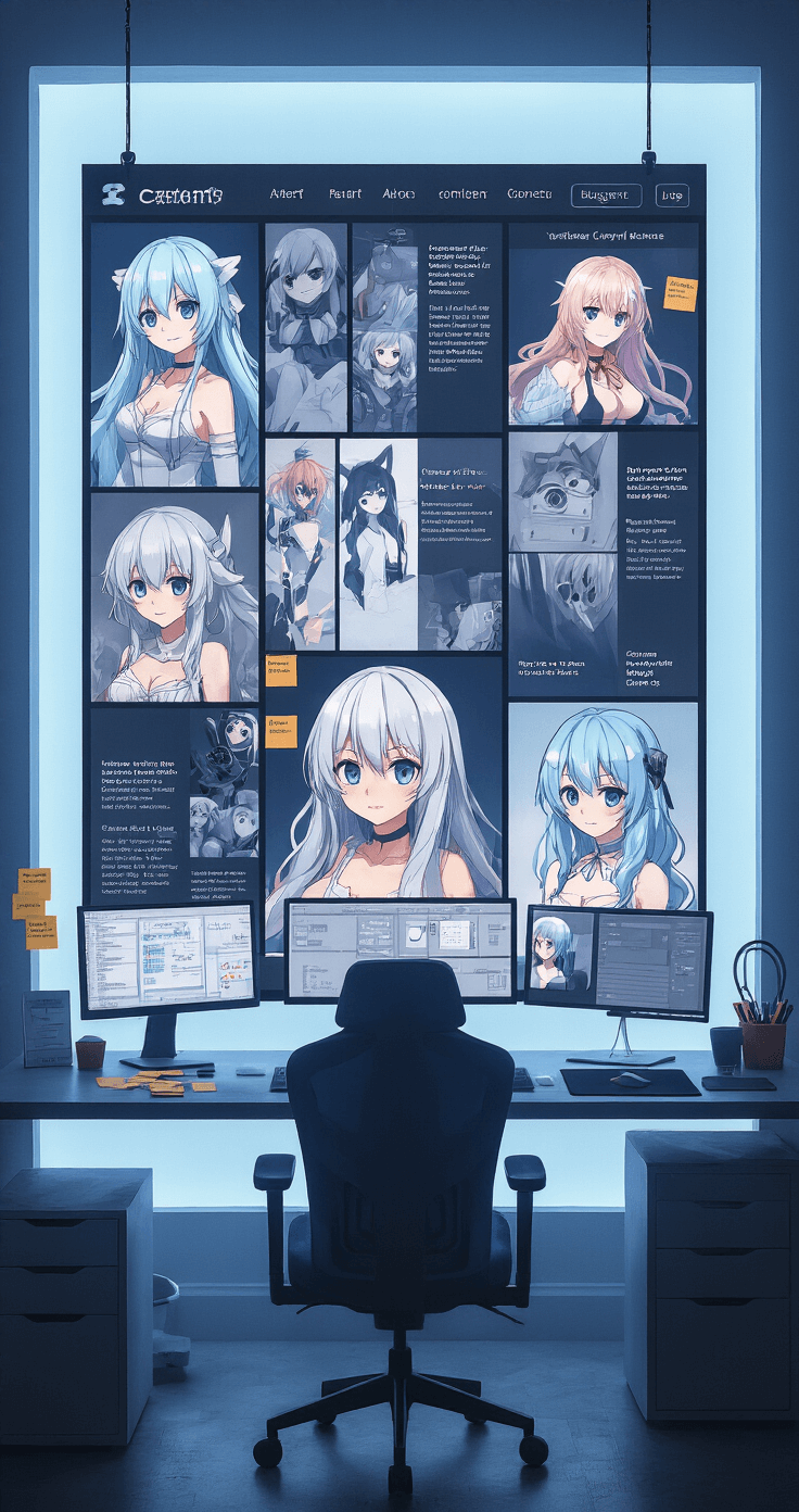 Cosplay Room Inspiration Boards: Your Complete Guide to Creative Organization Intimate digital cosplay inspiration board on a large monitor with character reference images in a grid layout, soft backlighting, ergonomic desk setup, color-matched peripherals, and sticky notes on construction techniques and budgeting, all displayed in a cool blue-gray color scheme.