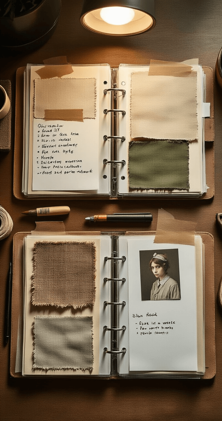 Cosplay Room Inspiration Boards: Your Complete Guide to Creative Organization A compact portable cosplay inspiration system displayed on a minimal wooden surface, featuring a three-ring binder filled with transparent page protectors, handwritten notes, printed reference images, and fabric swatches taped into the pages; the scene is illuminated by overhead lighting casting soft shadows, with organized craft tools nearby, all presented in a muted earthy color palette of terracotta, olive green, and warm brown, captured in a documentary-style photography.