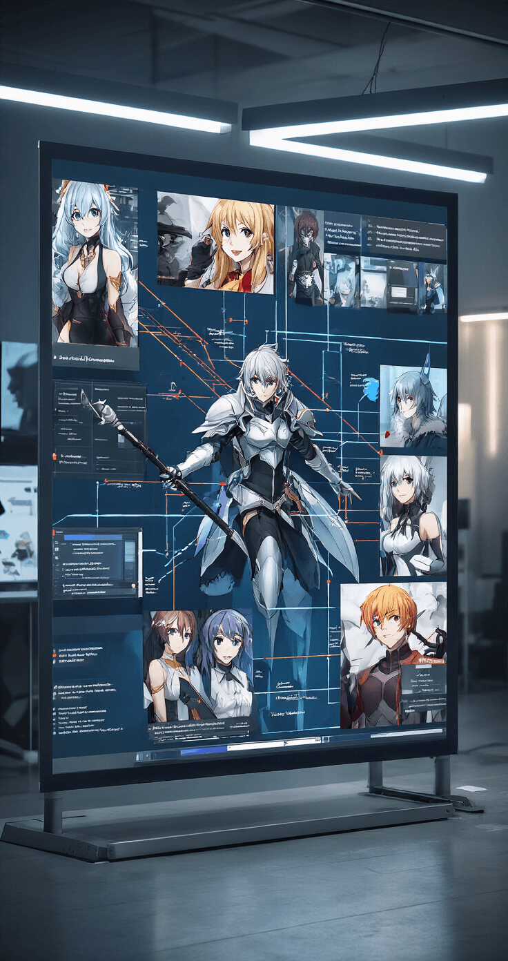 Cosplay Room Inspiration Boards: Your Complete Guide to Creative Organization A large touchscreen display showcases a collaborative group cosplay digital mood board with interconnected character references linked by color-coded lines, featuring progress tracking annotations and tutorial thumbnails. The scene is set in a sleek minimalist workspace with metallic accents, illuminated by professional studio lighting that enhances the dramatic technological ambiance, all captured in a wide-angle perspective highlighting a steel blue and charcoal gray color palette.