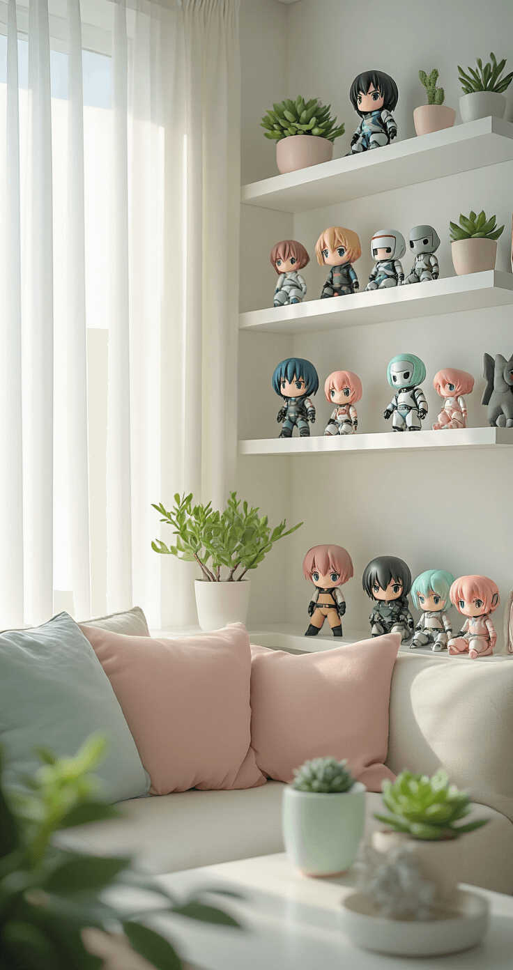A modern minimalist living room corner featuring white floating shelves adorned with meticulously arranged anime and sci-fi collectible figurines, accented by a soft pastel color palette of mint and blush. Delicate potted succulents are strategically placed, and warm natural light filters through sheer white curtains, illuminating the scene with professional gallery-style lighting that enhances subtle shadows.