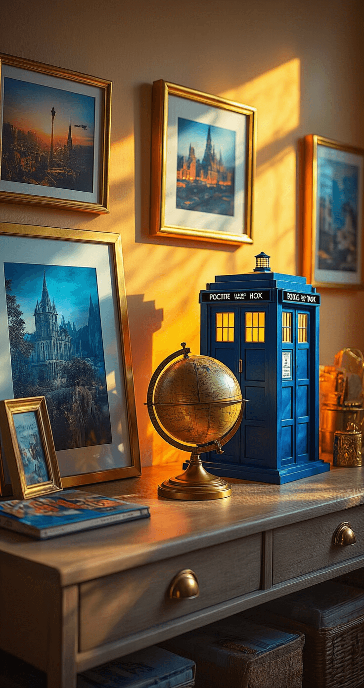 A vibrant summer-themed display corner featuring a vintage brass globe next to a Doctor Who TARDIS collectible, surrounded by travel photographs in gold frames and neon accents, all illuminated by warm golden hour sunlight and dramatic overhead lighting.