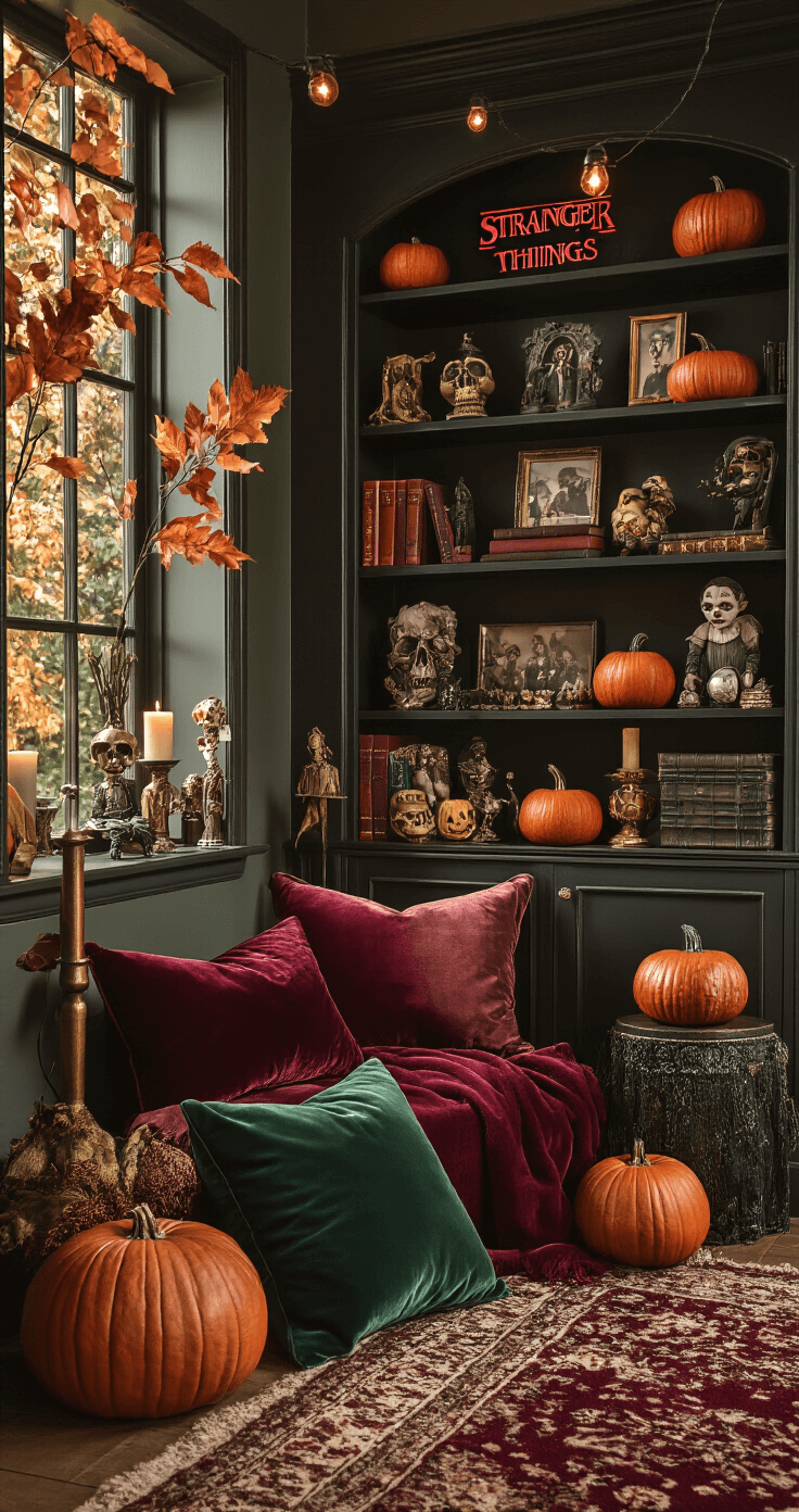 A moody autumn-themed corner featuring rich jewel-toned velvet throw pillows, gothic collectibles on dark wooden shelves, warm copper lighting, Stranger Things memorabilia with decorative pumpkins, deep emerald and burgundy colors, soft candlelight casting shadows, and a textured wool runner, all captured from a dramatic angle that enhances the seasonal atmosphere.