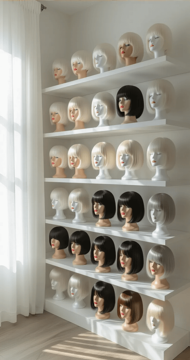 How I Finally Organized My Wig Collection by Color and Length (And You Can Too) A modern minimalist bedroom with soft natural lighting featuring a white bookshelf organized with styrofoam wig heads, displaying a gradient of wigs from short platinum blonde bobs to long jet black waves, with sunlight casting delicate shadows through sheer curtains, hardwood floors adding warmth.