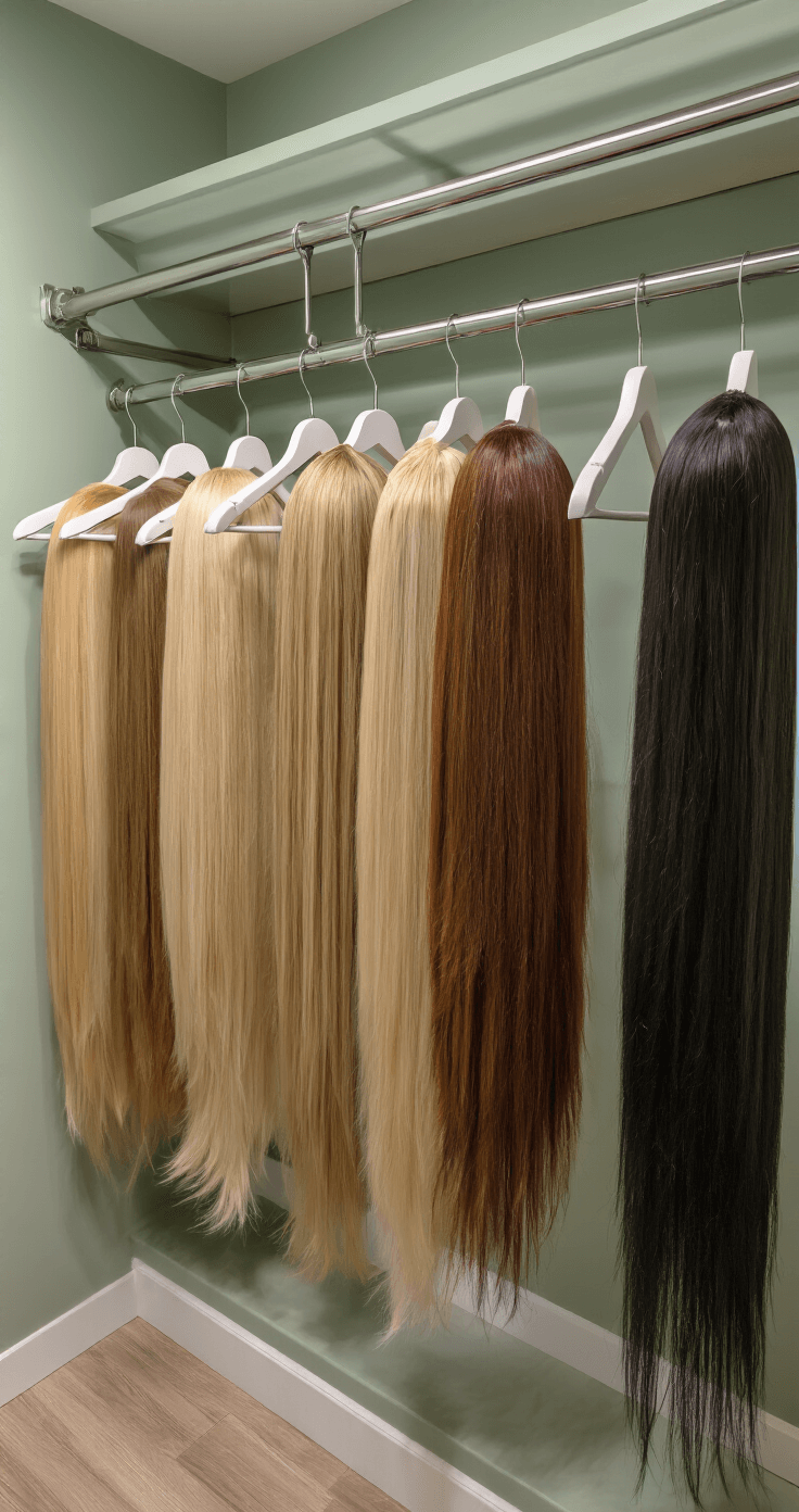 How I Finally Organized My Wig Collection by Color and Length (And You Can Too) Cinematic interior shot of a well-organized walk-in closet featuring a custom hanging system for wigs, with soft diffused lighting illuminating color-coded wigs suspended on a brushed chrome rod against muted sage green walls and a herringbone patterned hardwood floor.