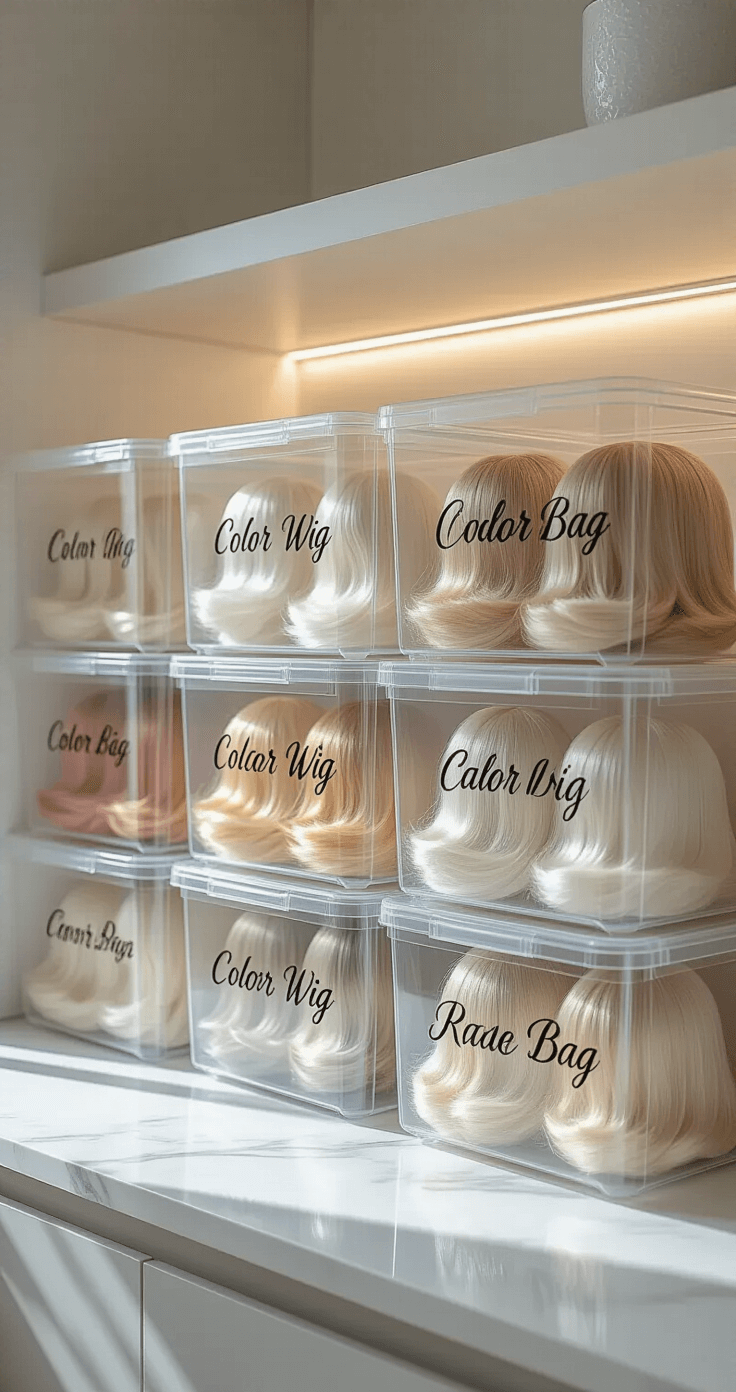 How I Finally Organized My Wig Collection by Color and Length (And You Can Too) Professional minimalist storage area with clear acrylic bins holding labeled silk wig bags in a gradient of colors, set on a white marble countertop, showcasing soft ambient lighting and intricate labeling details.