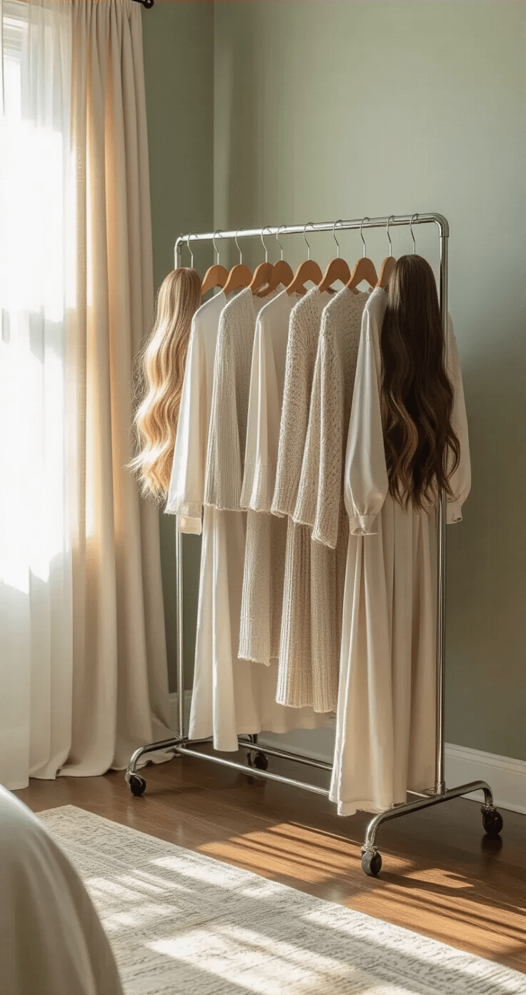 How I Finally Organized My Wig Collection by Color and Length (And You Can Too) Luxurious bedroom corner featuring a rolling clothing rack displaying meticulously organized, color-coded wigs, illuminated by soft morning light. The sophisticated backdrop of muted sage and warm taupe walls complements vintage hardwood floors, while soft textile textures enhance the elegant atmosphere.