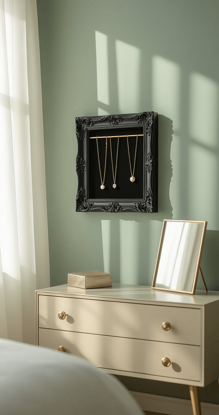 A luxurious modern bedroom featuring a matte black ornate picture frame jewelry organizer on a sage green wall, with morning light filtering through sheer white curtains and casting gentle shadows on delicate gold and silver necklaces, reflected in a minimalist dresser mirror, styled with negative space.