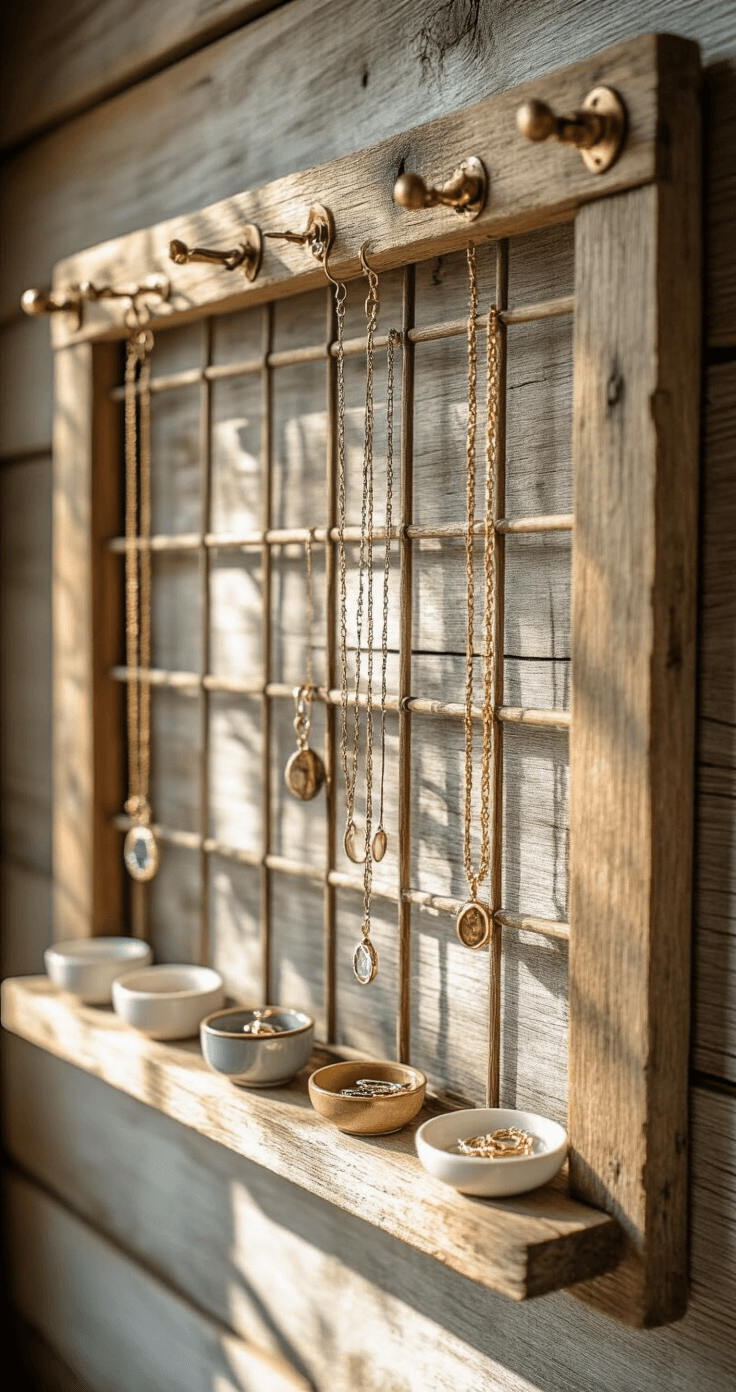 A rustic farmhouse-style jewelry organizer made of wood and mounted on reclaimed barn wood, featuring vintage brass hooks holding necklaces and small wooden shelves displaying rings in ceramic dishes, illuminated by warm morning sunlight.