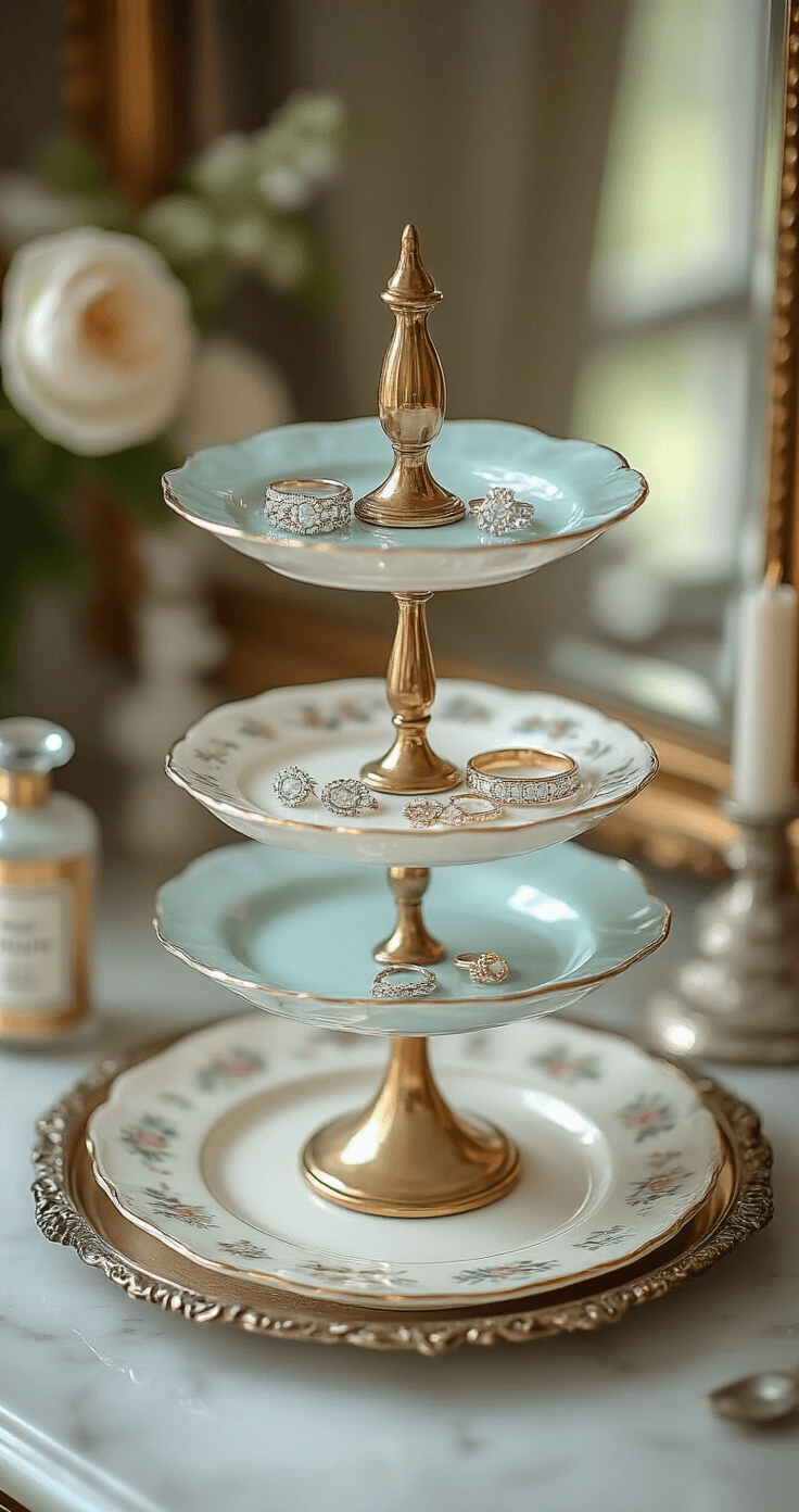 An elegant vintage three-tiered jewelry stand made of mismatched porcelain plates in soft ivory and pale blue, adorned with rings and delicate earrings, set atop a marble dresser. A brass candlestick and antique silver tray complement the display, with a small vintage perfume bottle included. Morning light softly illuminates the scene, creating subtle shadows and reflective surfaces, captured with shallow depth of field.