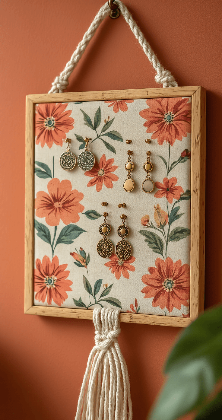 A bohemian cork and fabric jewelry board adorned with vintage floral print fabric, showcasing lightweight earrings held by decorative brass push pins, illuminated by natural morning light, against a warm terracotta wall, complemented by a partially visible macramé plant hanger, styled with artistic composition.